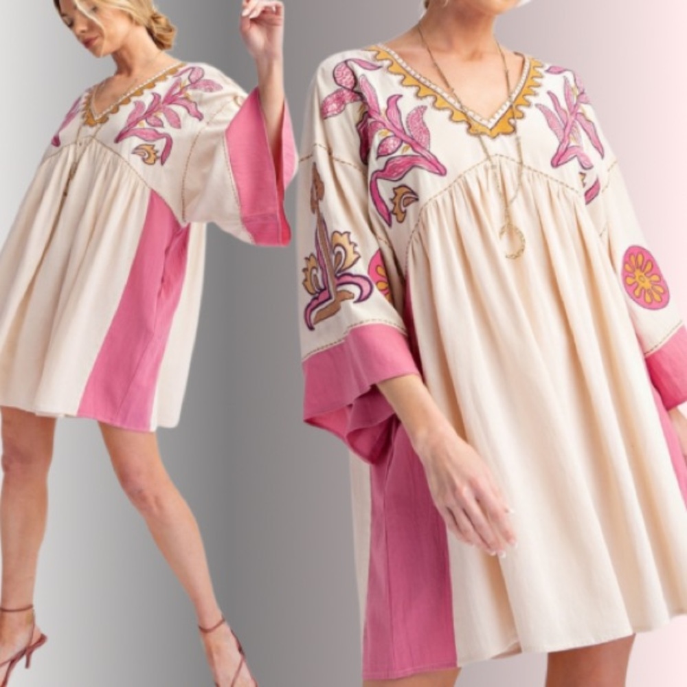 New Boutique Dress Boho Embroidered Woven Relaxed Pull Over Fabulous Dress